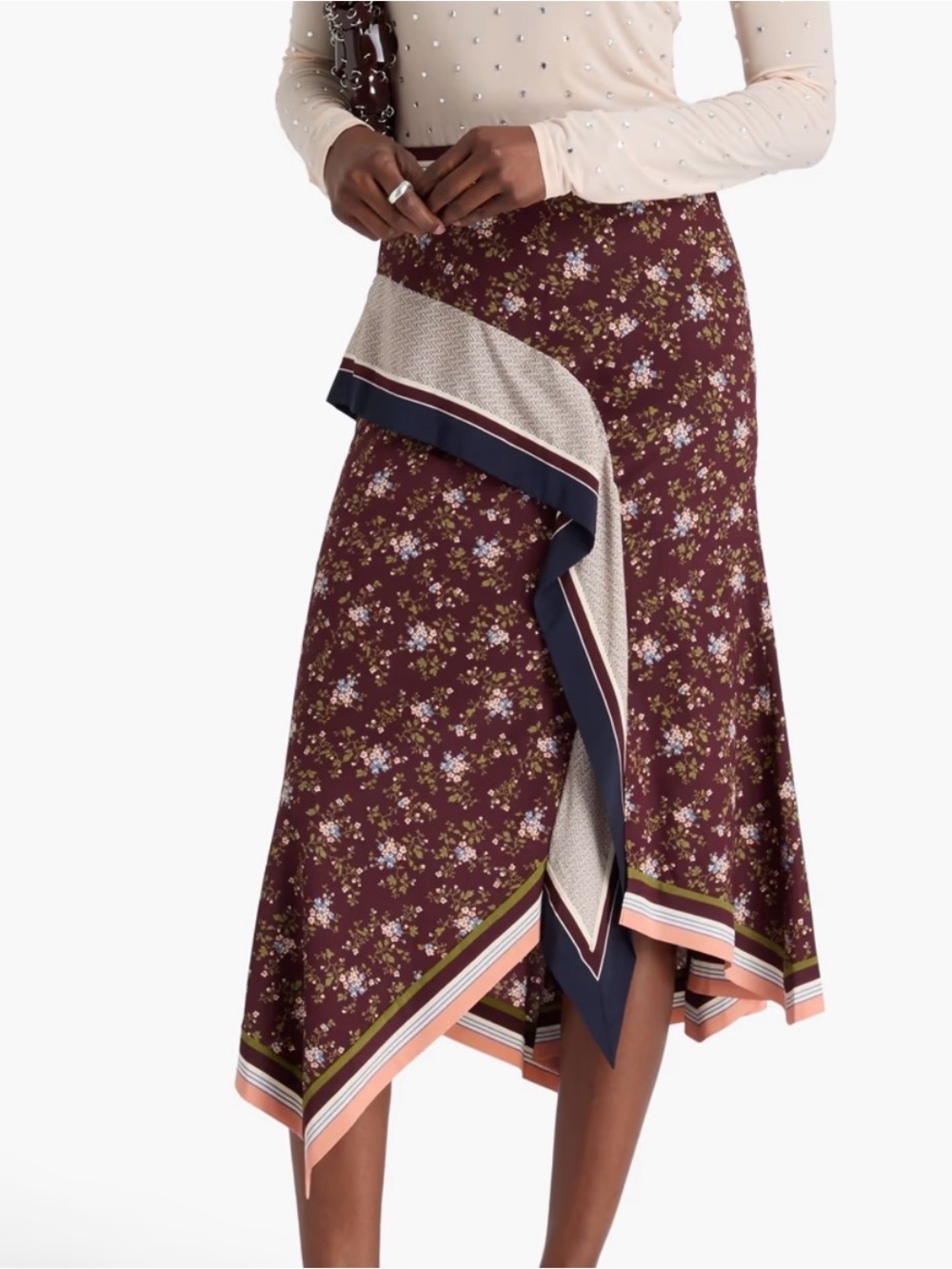 Veronica Beard Burgundy Floral Asymmetrical Midi Skirt with Contrast Trim